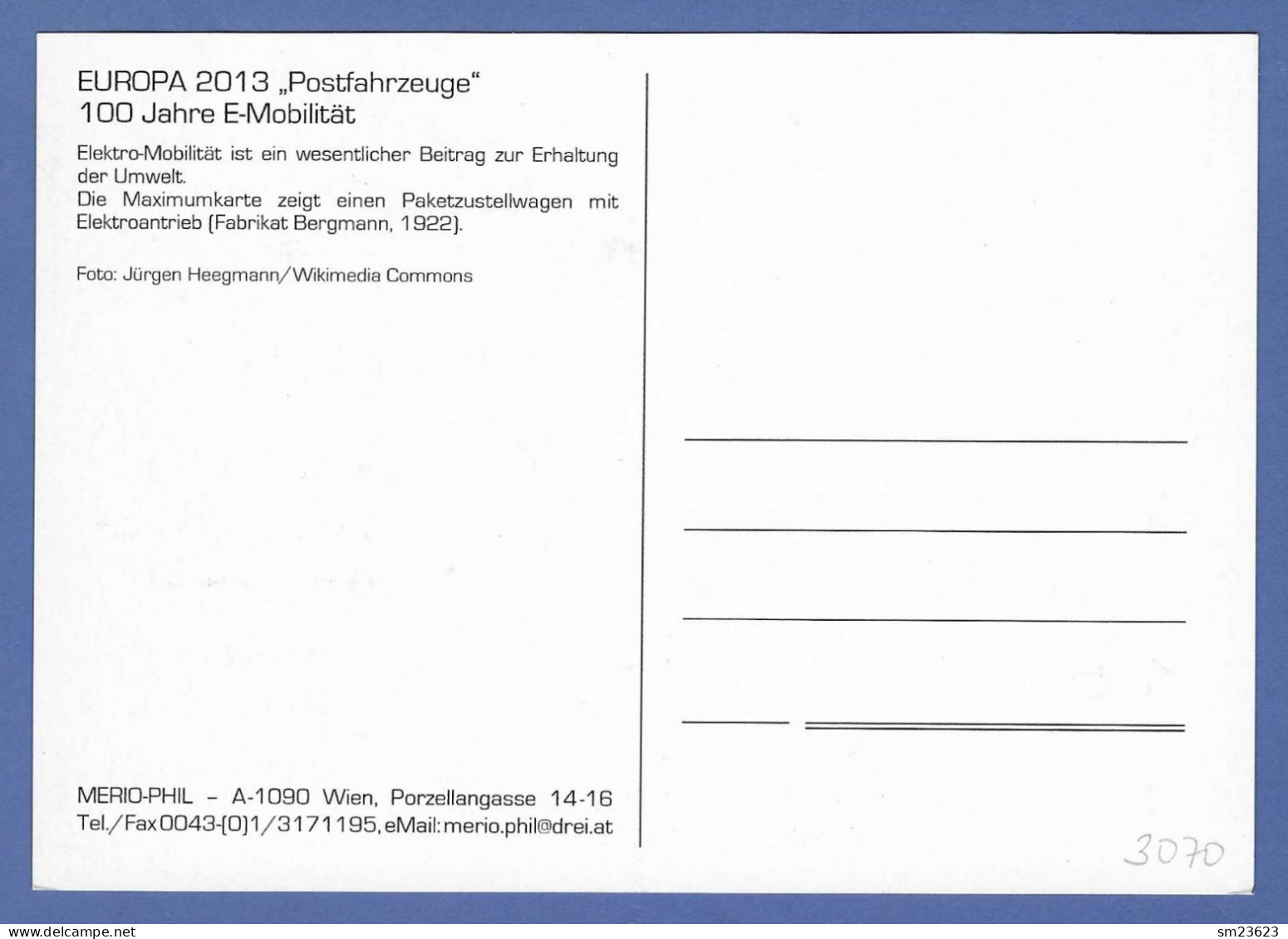 Österreich  2013   Mi.Nr. 3070 , EUROPA CEPT  Postfahrzeuge - Maximum Card - 100Jahre E-Mobilität Wien 6.5.2013 - 2013