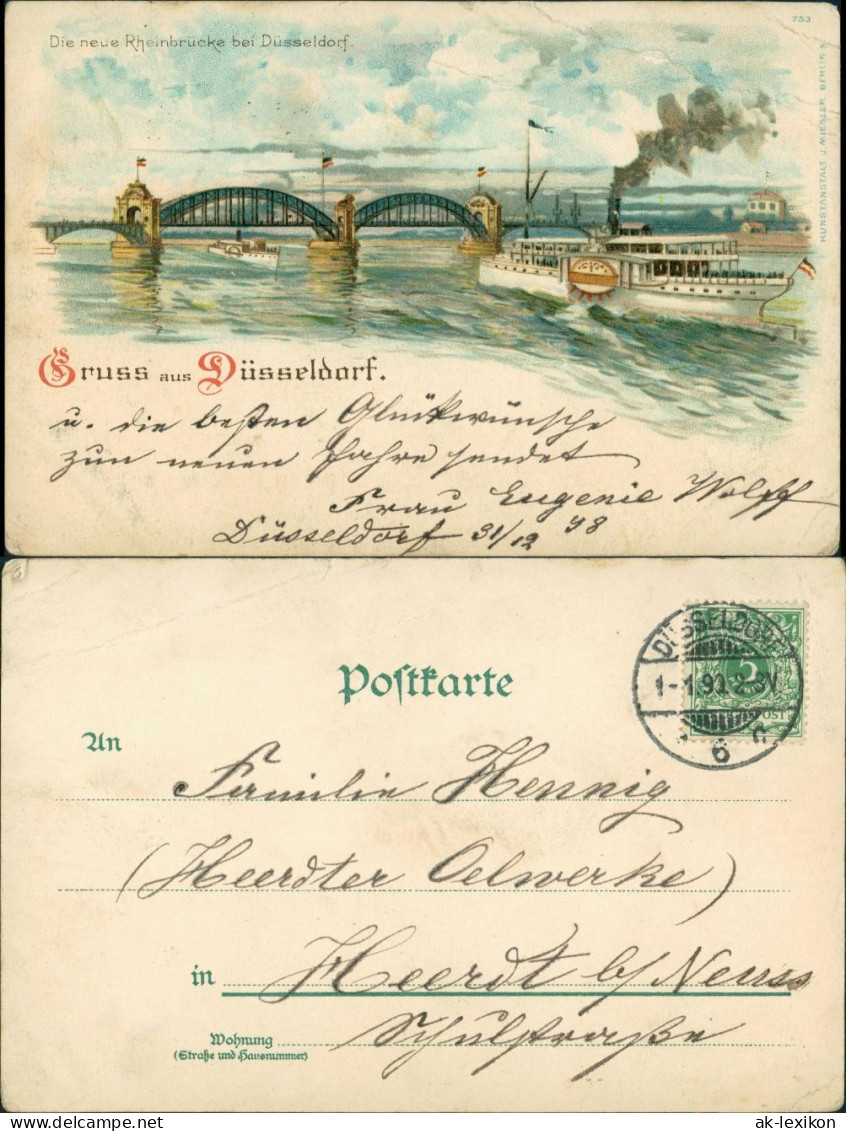 Ansichtskarte Düsseldorf Künstlerkarte: Rheinbrücke Und Dampfer 1898 - Düsseldorf