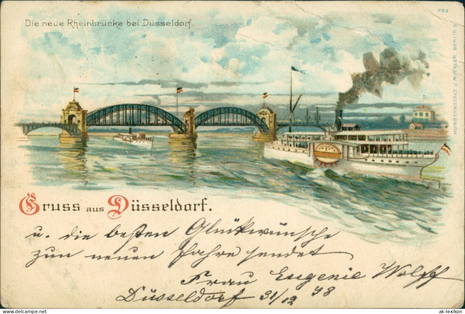 Ansichtskarte Düsseldorf Künstlerkarte: Rheinbrücke Und Dampfer 1898 - Duesseldorf