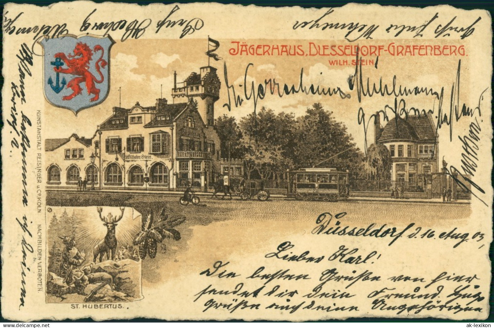 Grafenberg-Düsseldorf 2 Bild: Jägerhaus - Heraldik Steindruck 1908  - Duesseldorf