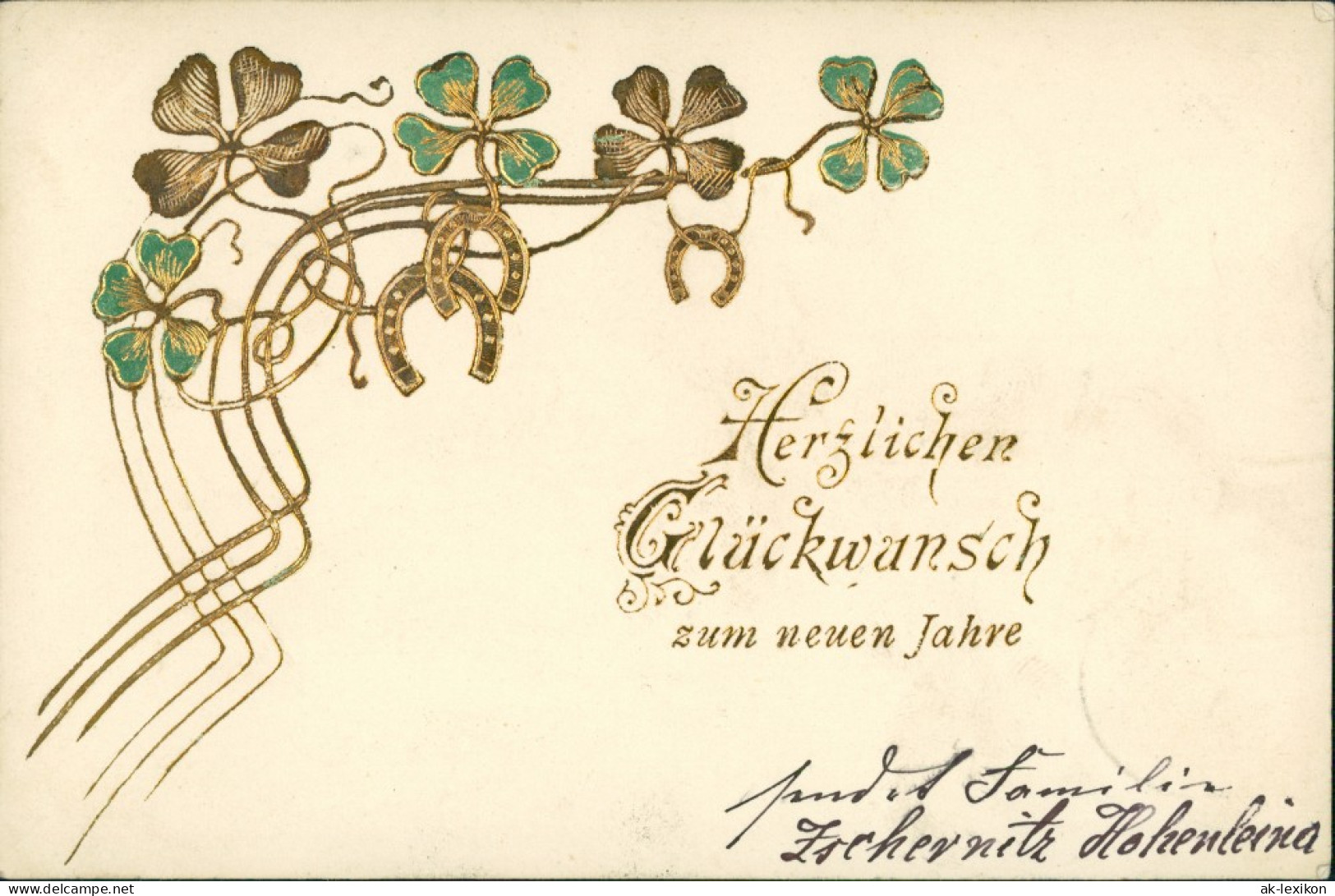  Neujahr - Jugenstil - Kleeblatt, Hufeisen - Präge-Gold 1902 Goldrand - Nouvel An