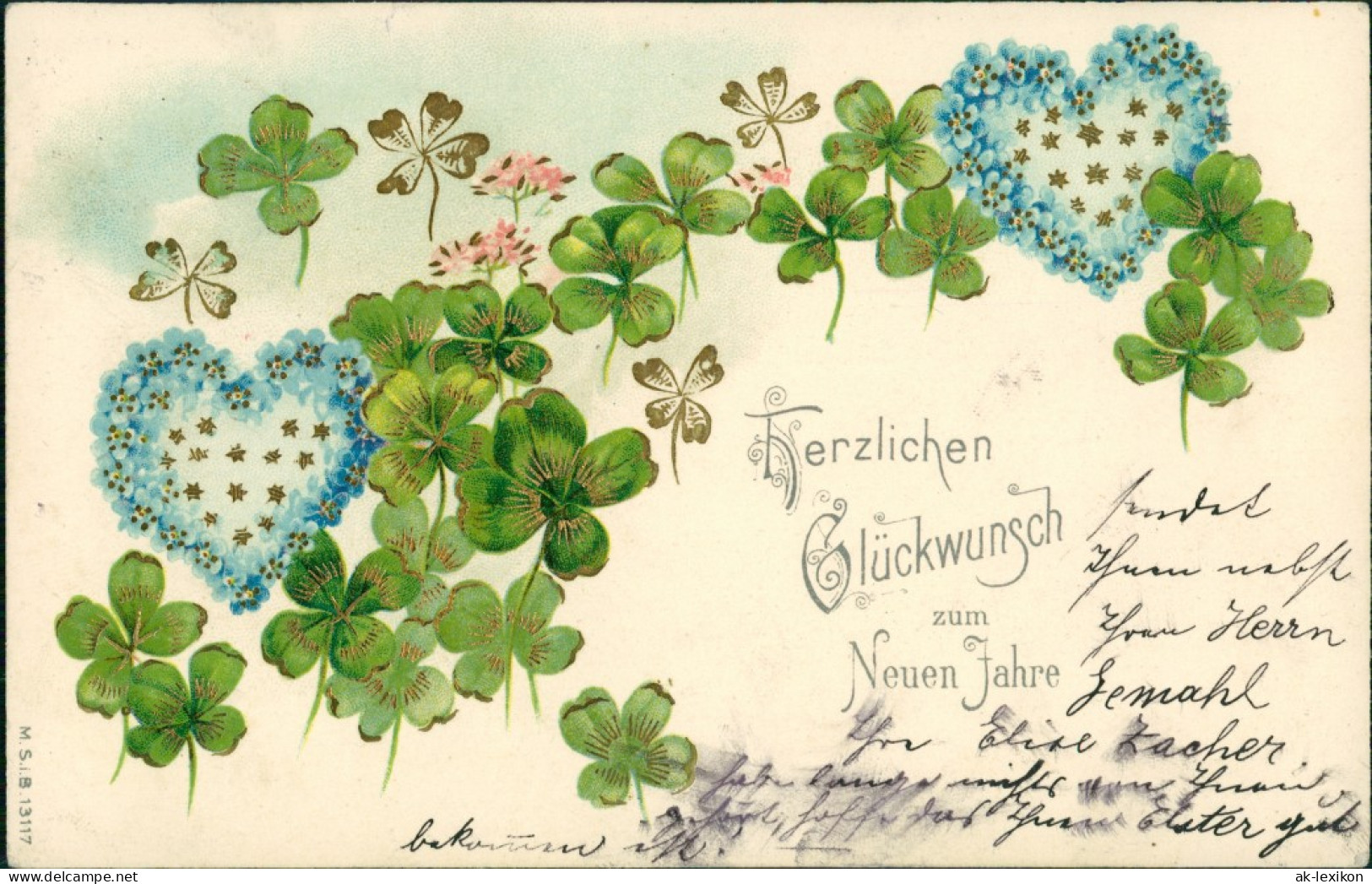 Ansichtskarte  Neujahr - Präge AK - Kleeblätter - Herzen 1902 Goldrand - New Year