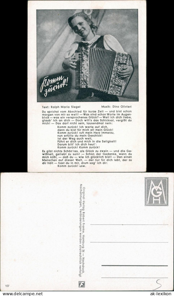 Ansichtskarte  Liedansichtskarte "Komm Zurück" - Frau Mit Akkordeon 1940 - Musique