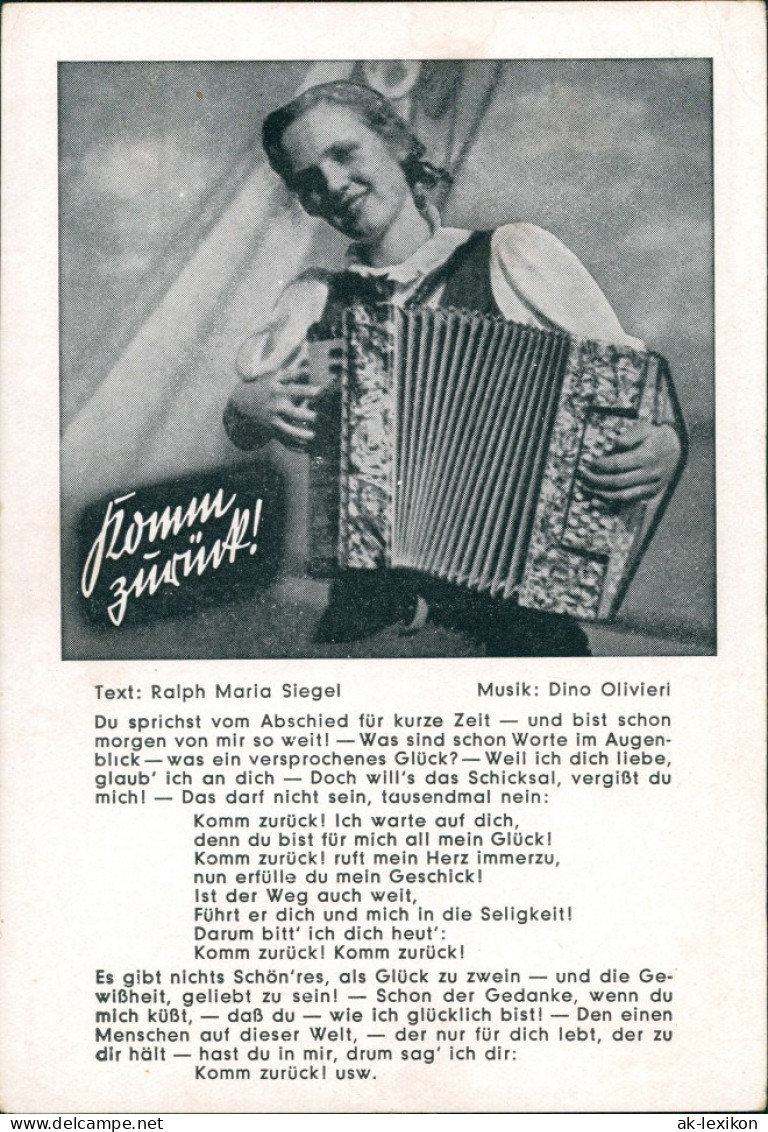 Ansichtskarte  Liedansichtskarte "Komm Zurück" - Frau Mit Akkordeon 1940 - Musique