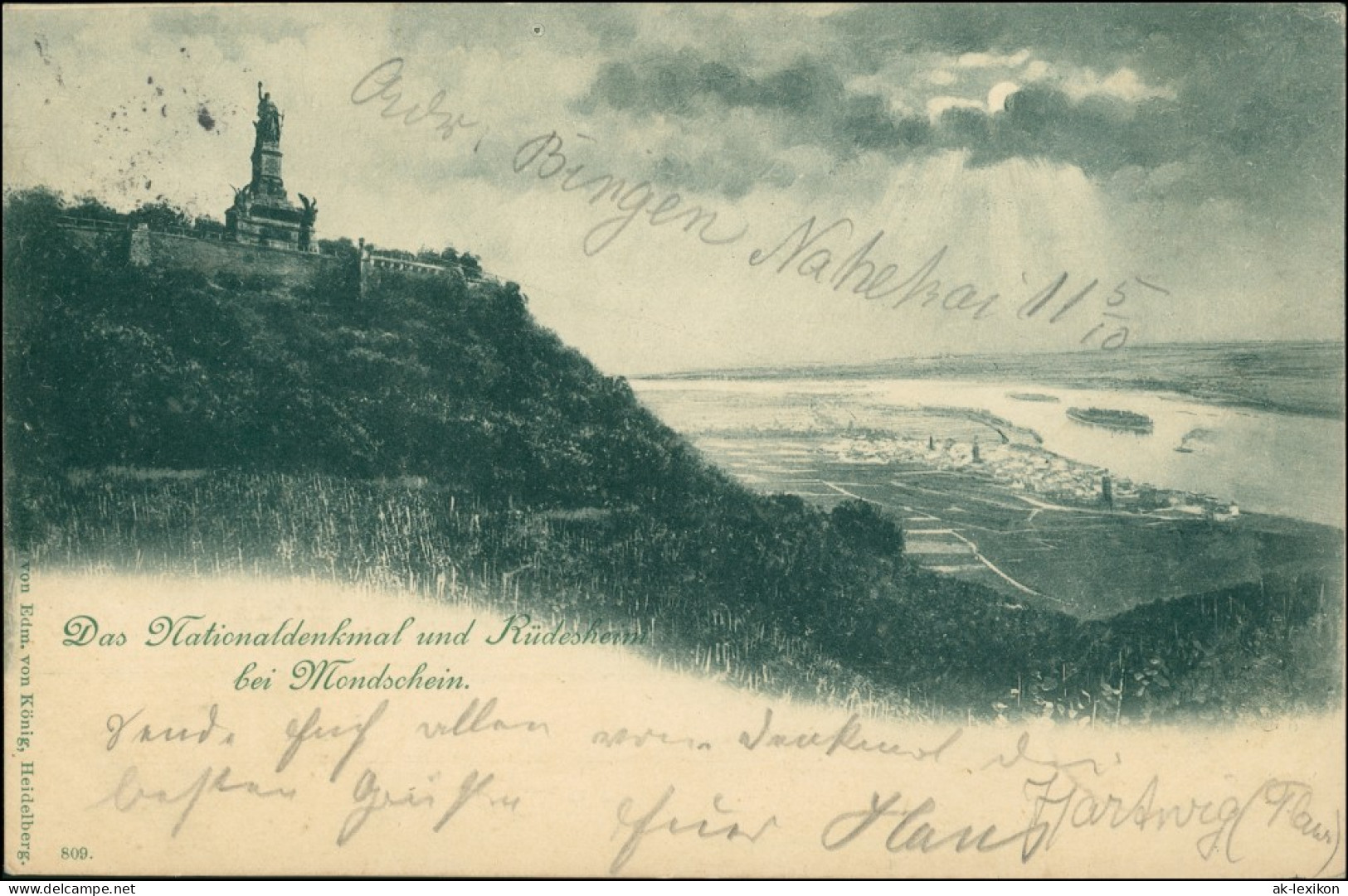 Ansichtskarte Rüdesheim (Rhein) National-Denkmal, Stadt - Mondschein 1899  - Ruedesheim A. Rh.