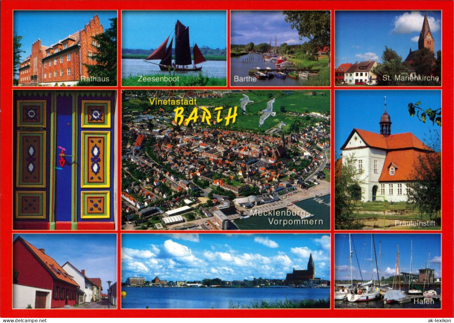 Ansichtskarte Barth Rathaus, Zeesenboot, Luftbild, Kirche, Fräuleinstift 1995 - Barth