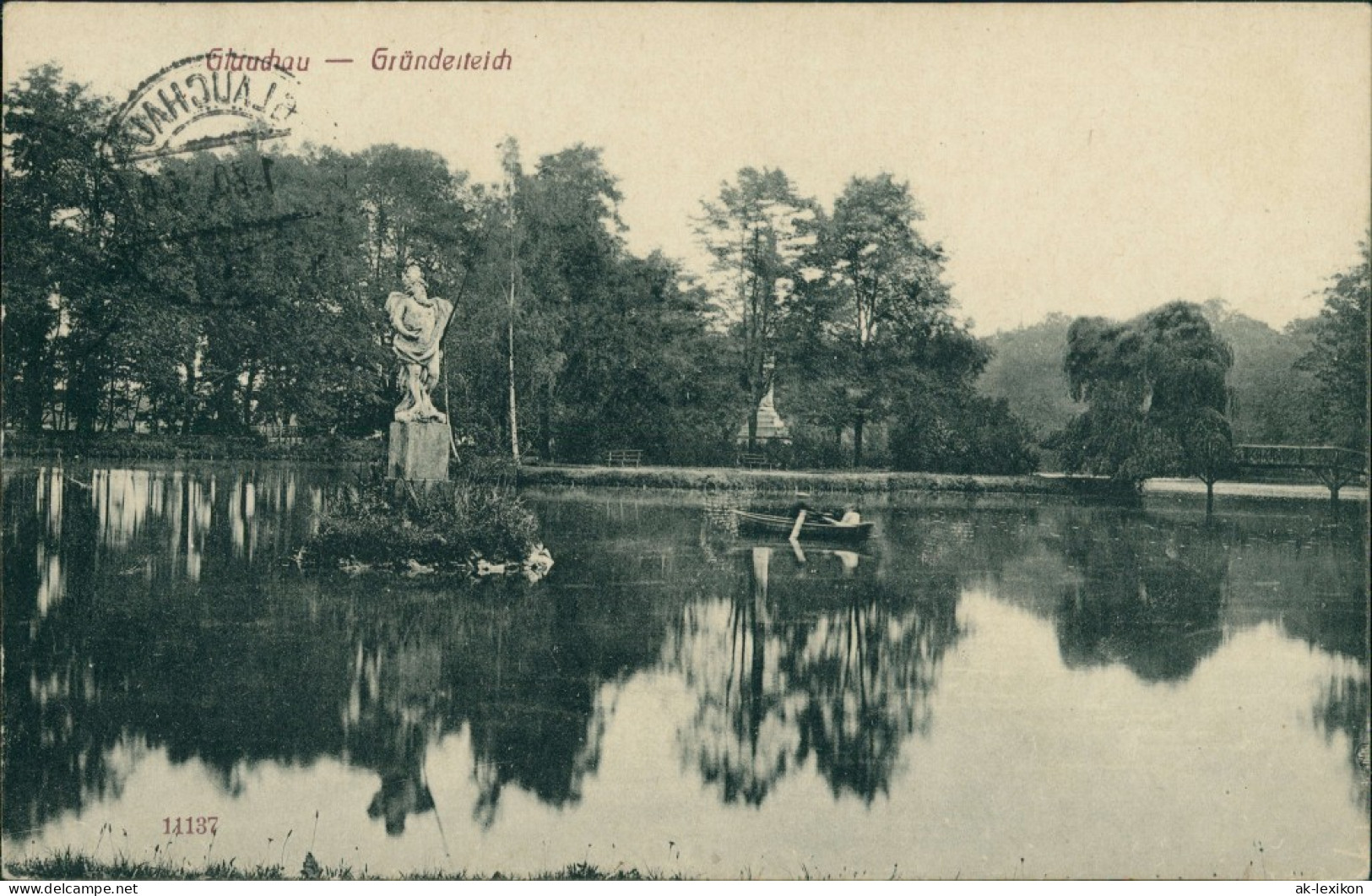Ansichtskarte Glauchau Partie Am Gründelteich, Denkmal, Ruderboot 1930 - Glauchau