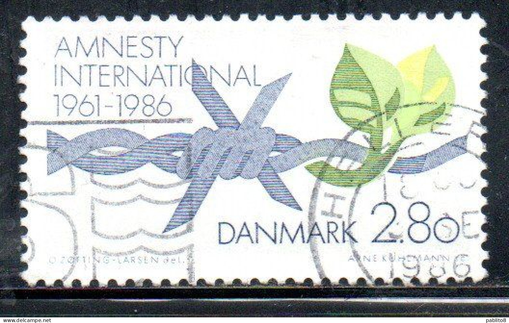 DANEMARK DANMARK DENMARK DANIMARCA 1986 AMNESTY INTERNATIONAL 2.80k USED USATO OBLITERE' - Usati