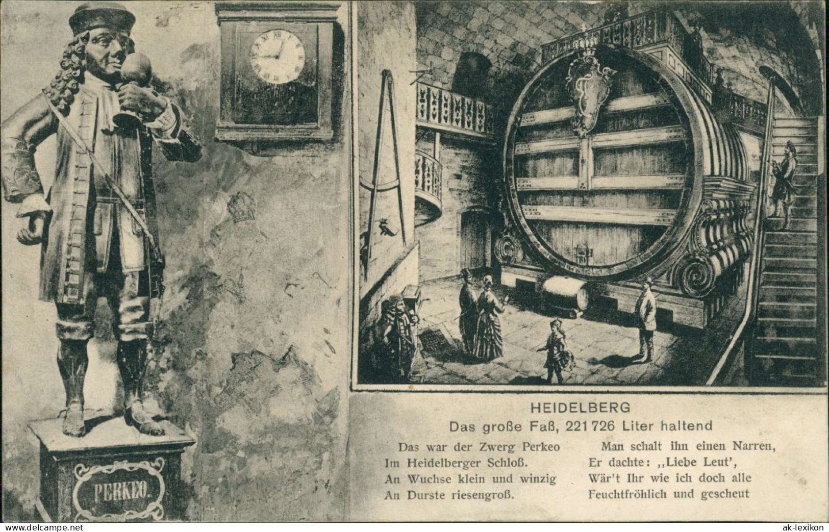 Heidelberg Das Große Heidelberger Fass, Zwerg Perkeo, 2-Bild-Karte 1925 - Heidelberg