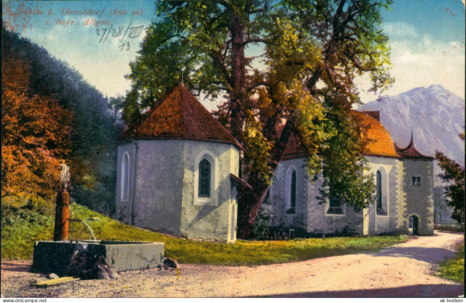 Oberstdorf (Allgäu) Panorama-Ansicht Berge, Kapelle, Brunnen, Weg Partie 1913 - Oberstdorf