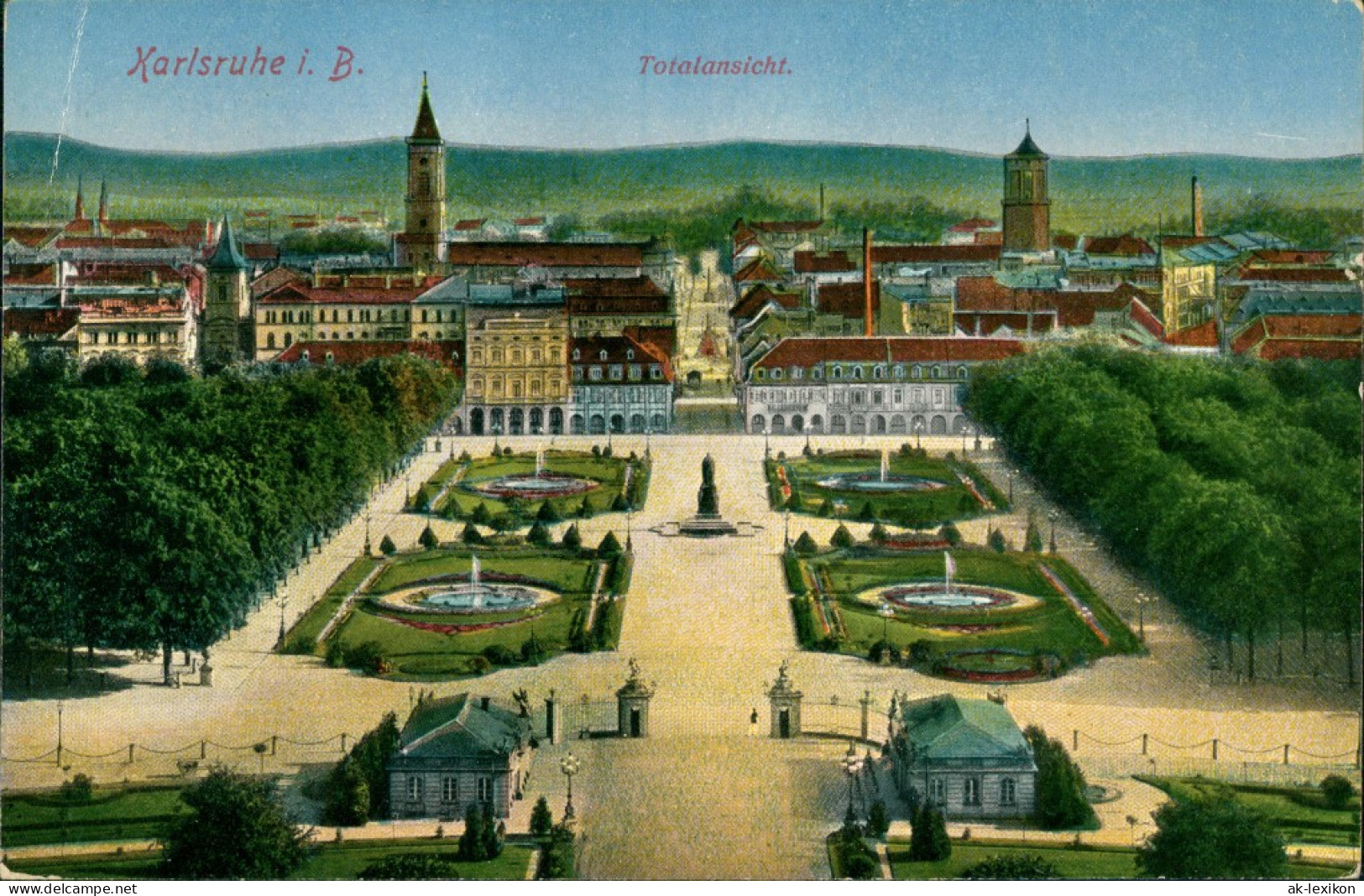 Karlsruhe Totalansicht, Stadt Teilansicht, Grünanlagen Springbrunnen 1926 - Karlsruhe