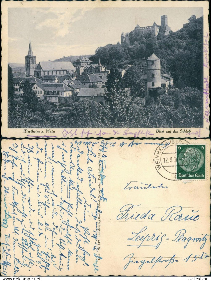 Ansichtskarte Wertheim Burg Schloss Wertheim Stadtteilansicht 1936 - Wertheim