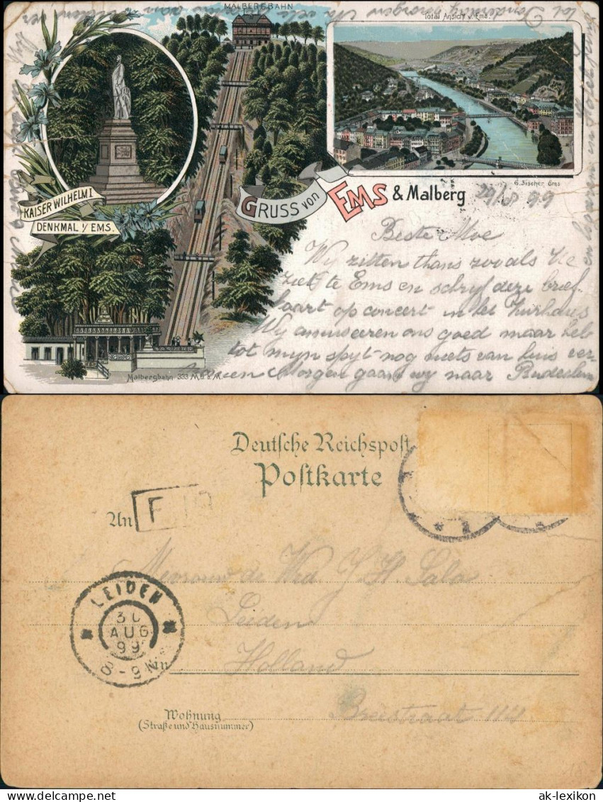 Ansichtskarte Litho AK Bad Ems Malbergbahn, Ems, Kaiser Wilhelm Denkmal 1899 - Bad Ems