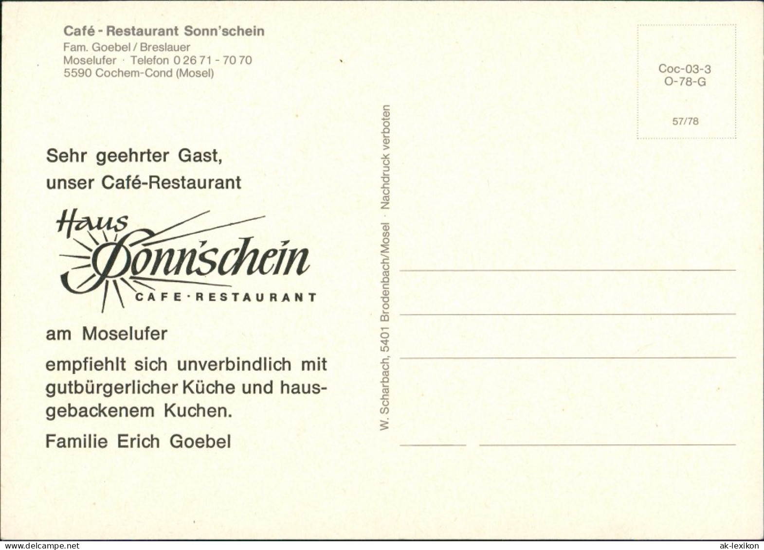 Cochem Kochem Café Restaurant Sonn'schein   Breslauer, Am Moselufer 1978 - Cochem