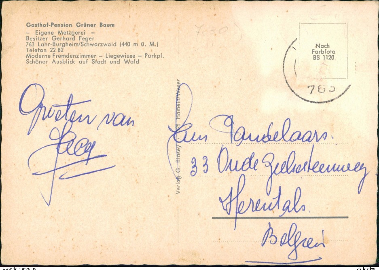 Burgheim-Lahr (Schwarzwald) Gasthof-Pension Grüner Baum Eigene Metzgerei 1960 - Lahr