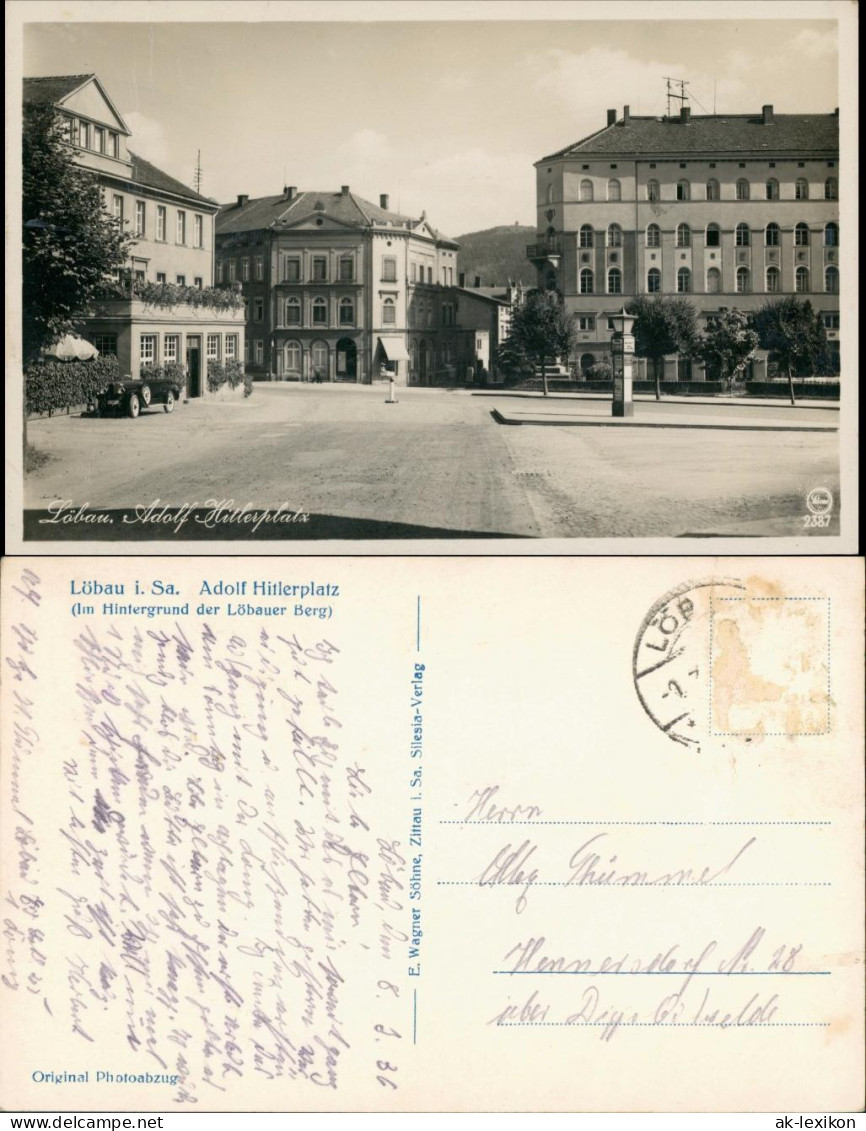 Ansichtskarte Löbau Platz, Auto - Löbauer Berg 1934 - Loebau