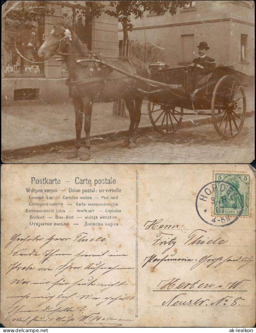 Pferdekuttsche Mann Mit Melone Vor Geschäft Stempel Hordel 1907 Privatfoto - Pferde