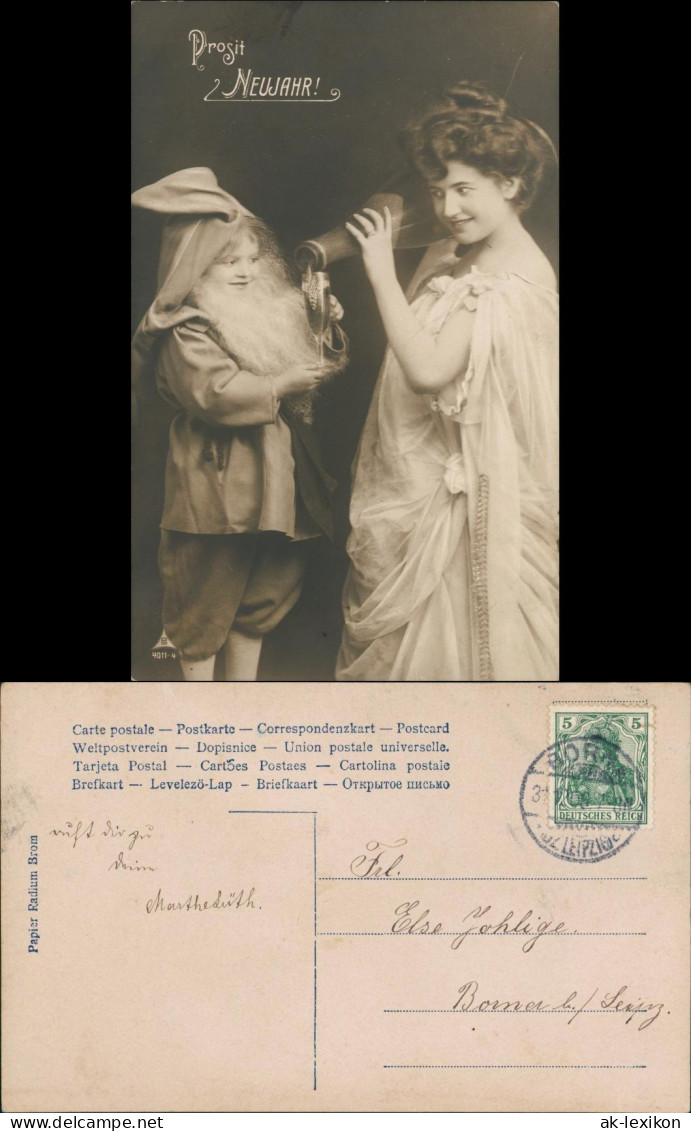 Neujahr/Sylvester Fotomontage Frau Und Zwerg Riesen Sektflasche 1906 - Nieuwjaar