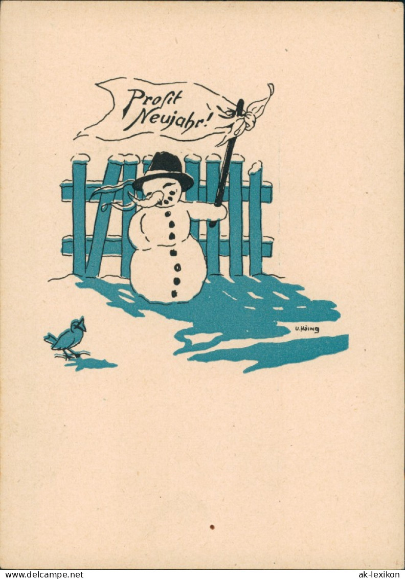 Ansichtskarte  Glückwunsch Prosit Neujahr Schneemann Signierte Kunst-AK 1950 - Nouvel An