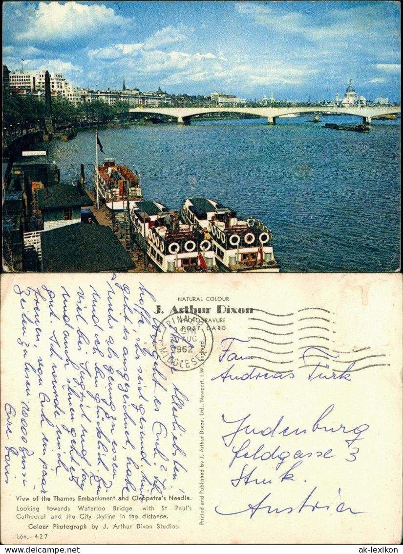 Postcard London Thames Bridge Brücke, Embankment Cleopatra Needle 1962 - Andere & Zonder Classificatie