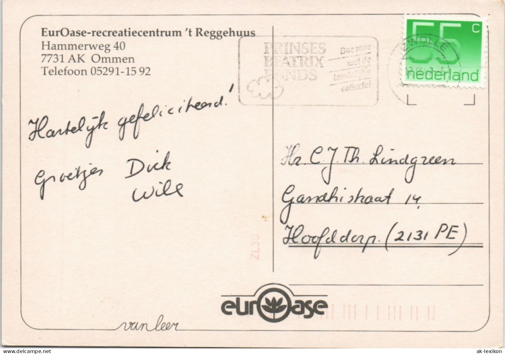 Postkaart Ommen EurOase-recreatiecentrum 't Reggehuus Hammerweg 40 1980 - Sonstige & Ohne Zuordnung