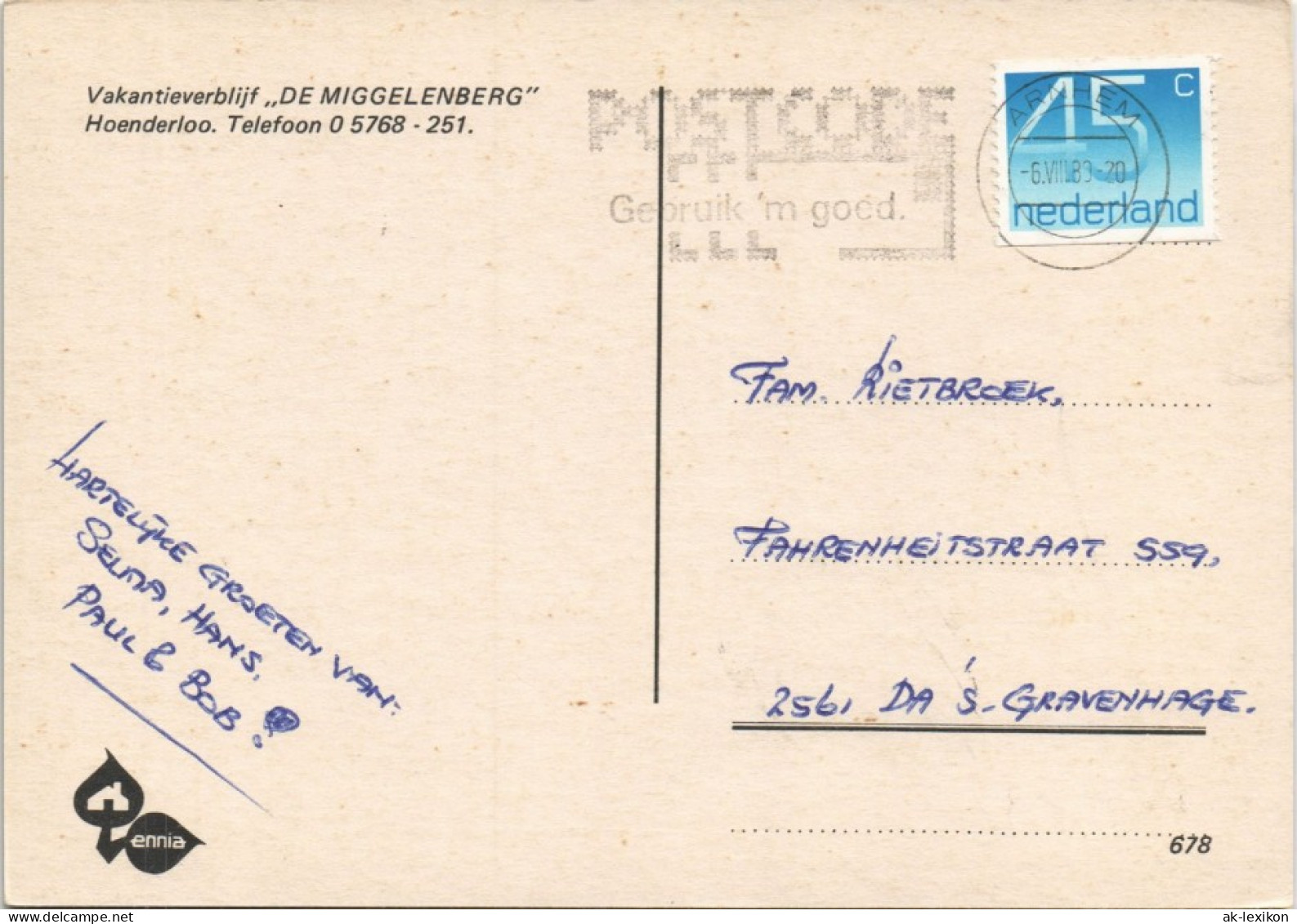Postkaart Hoenderloo Vakantieverblijf DE MIGGELENBERG 1983 - Autres & Non Classés