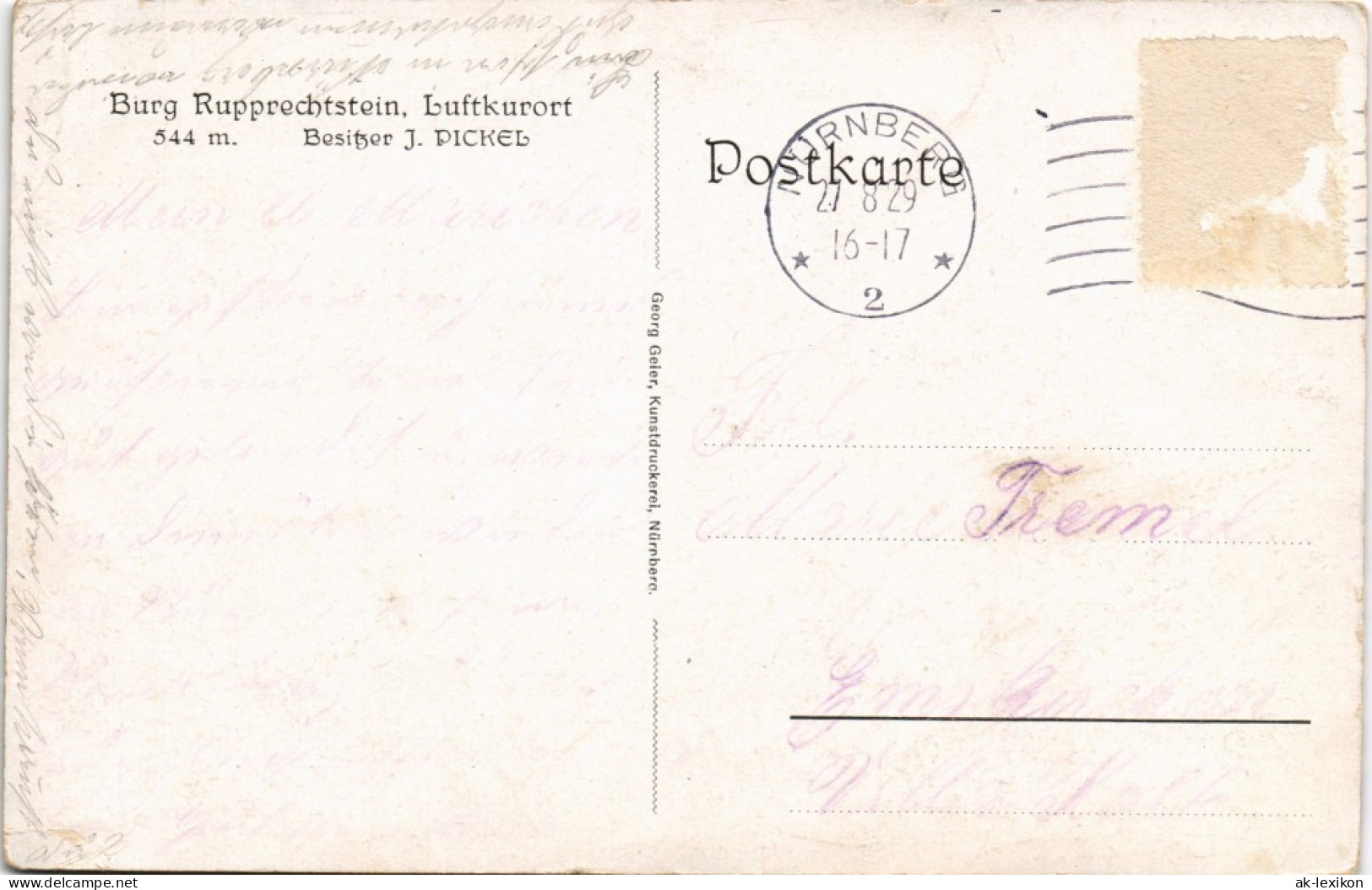 Ansichtskarte Rupprechtstein-Etzelwang Burgrestaurant - Künstlerkarte 1929 - Ohne Zuordnung