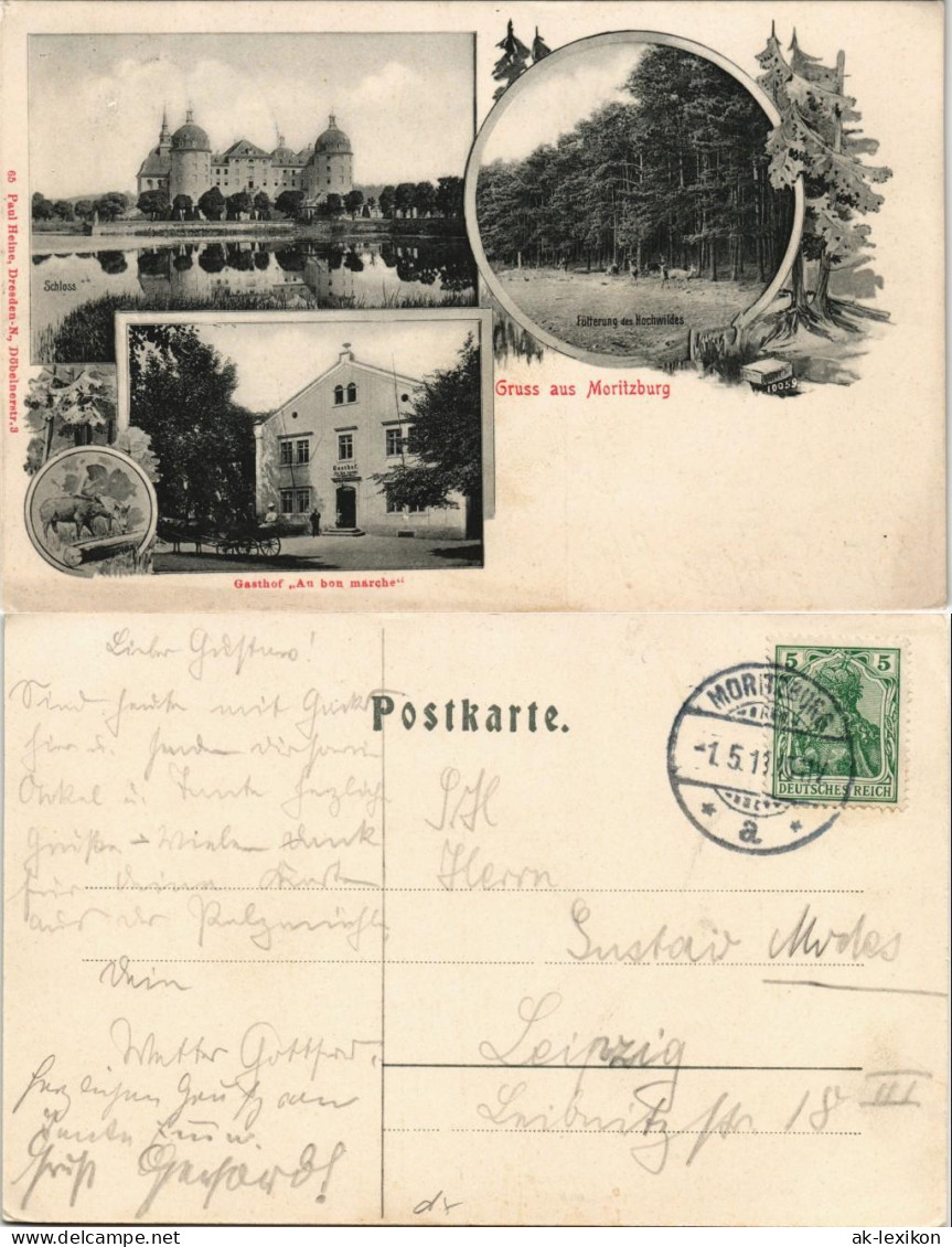 Ansichtskarte Moritzburg 3 Bild: Gasthof Au Bon Marche, Etc 1911 - Moritzburg