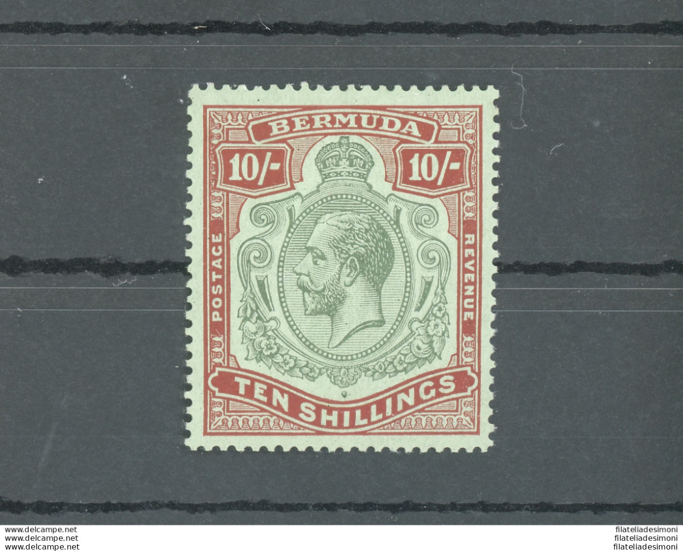 1924-32 BERMUDA, Stanley Gibbons N. 92, GEORGE V Portrait, 10s. Green And Red/pale Emerald, MNH** - Sonstige & Ohne Zuordnung