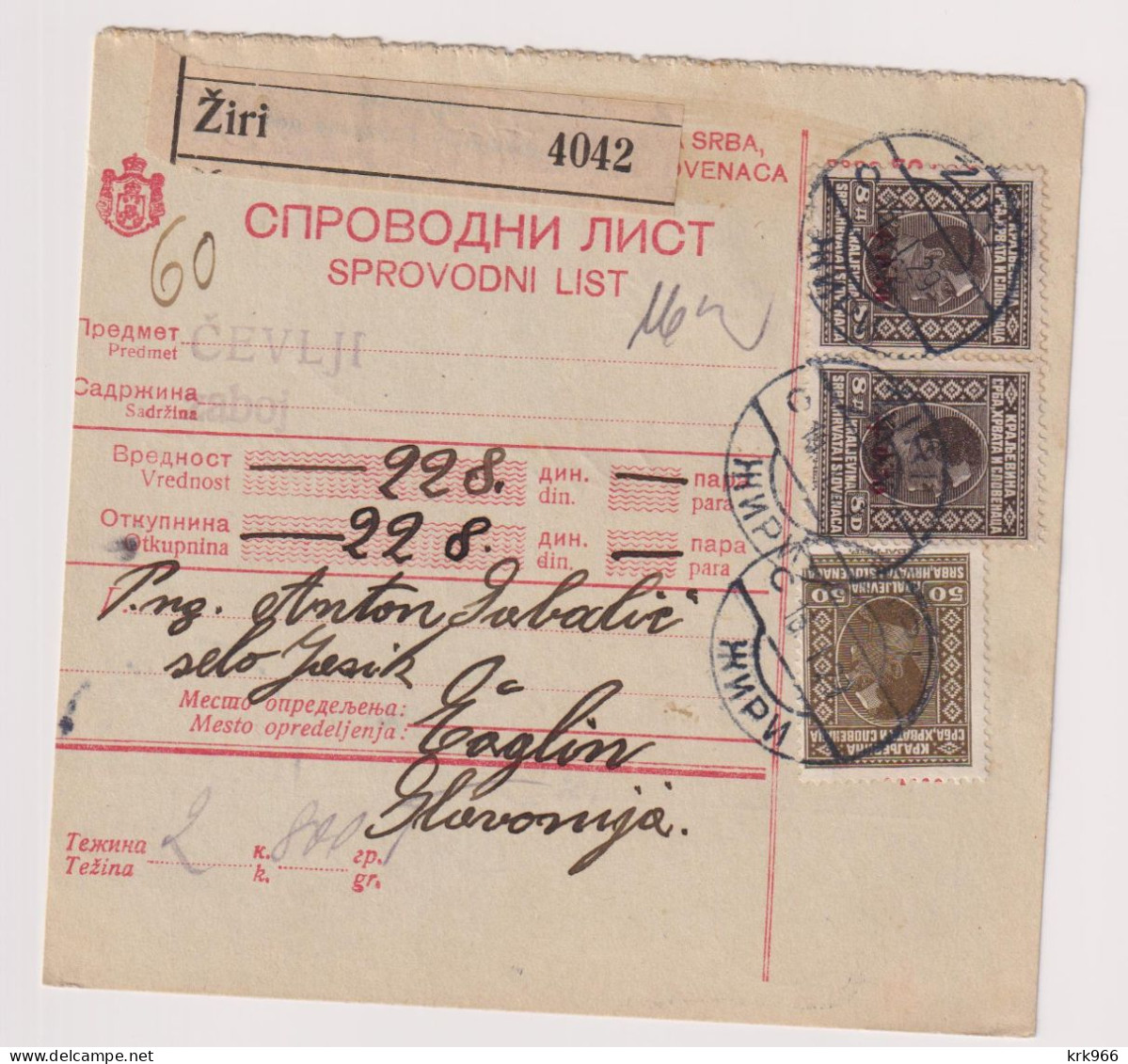 YUGOSLAVIA, ZIRI 1929  Parcel Card - Covers & Documents