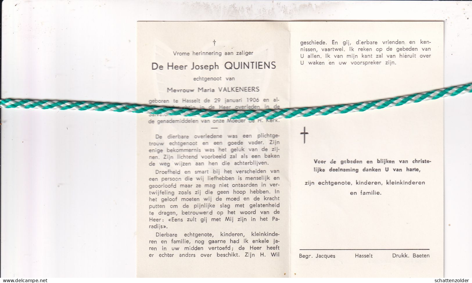 Joseph Quintiens-Valkeneers, Hasselt 1906, 1966 - Todesanzeige