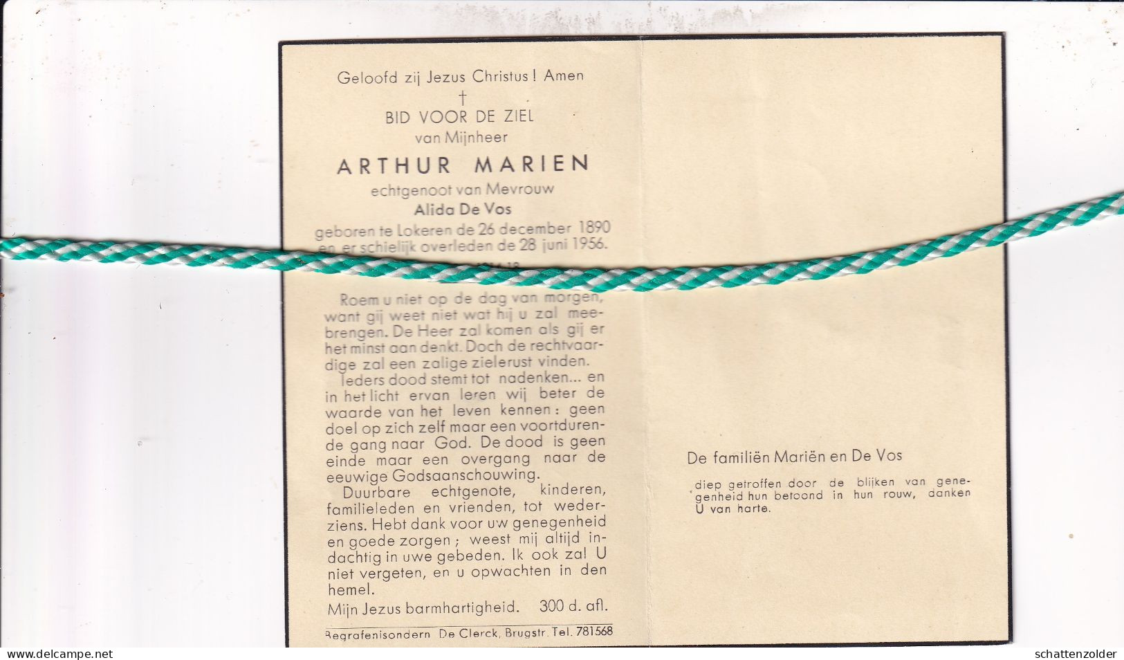 Arthur Marien-De Vos, Lokeren 1890, 1956. Oud-strijder 14-18 - Avvisi Di Necrologio