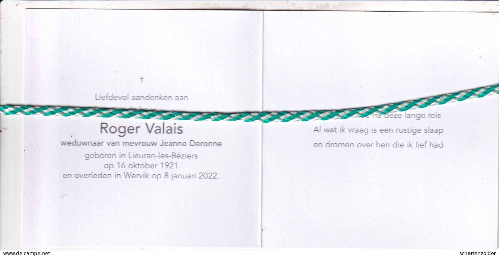 Roger Valais-Deronne, Lieuran-les-Béziers 1921, Wervik 2022. Honderdjarige. Foto - Décès