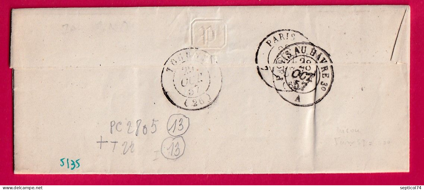 N°14 PC 2805 SARCELLES SEINE ET OISE CAD TYPE 22 POUR TOURNY INDICE 13 LETTRE - 1849-1876: Klassik