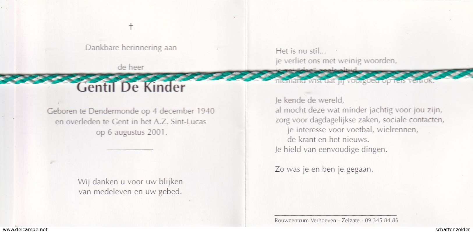 Gentil De Kinder, Dendermonde 1940, Gent 2001. Foto - Avvisi Di Necrologio