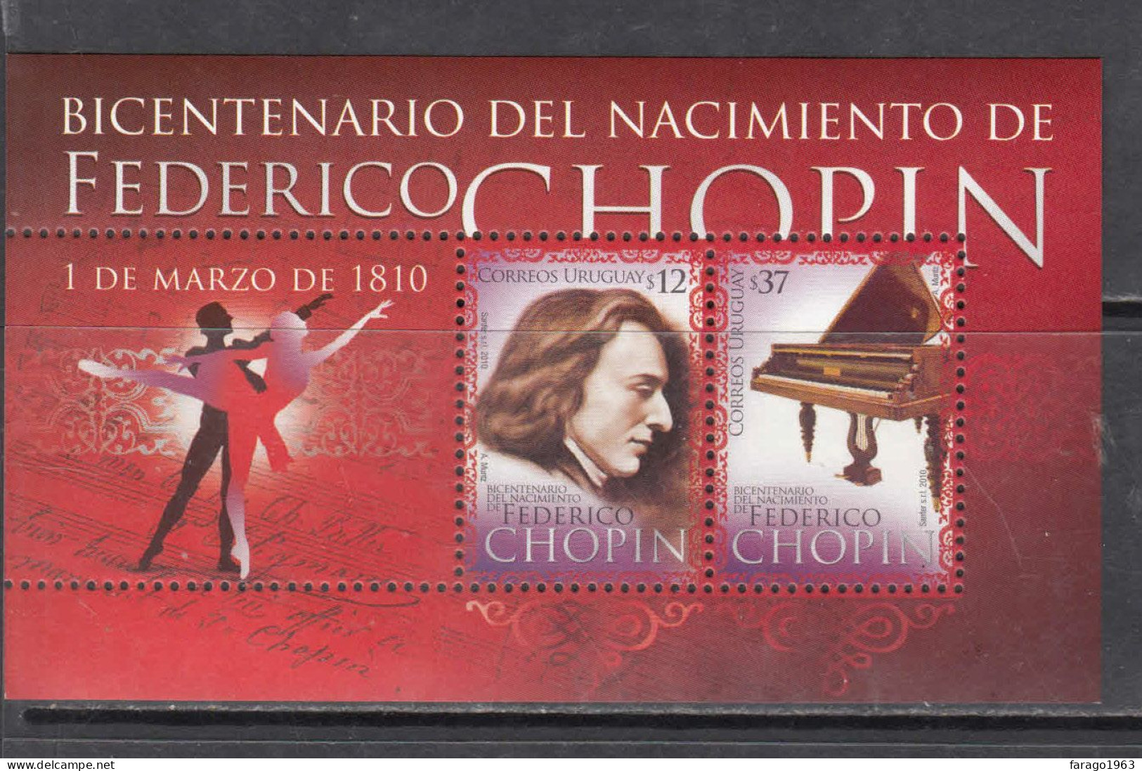 2010 Uruguay Chopin Music Composer Piano Souvenir Sheet MNH - Uruguay