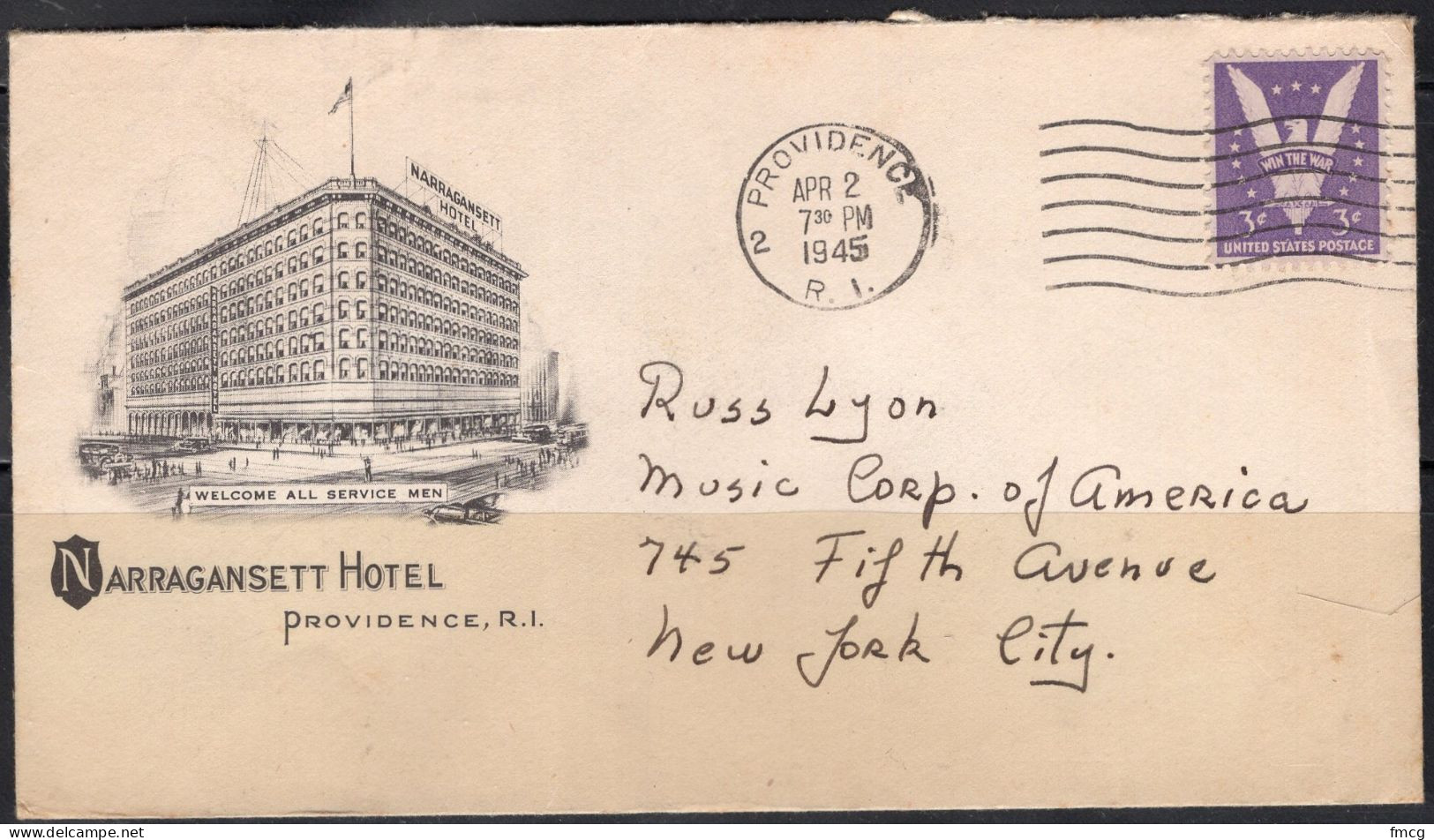 1945 Providence RI (Apr 2) Narragansett Hotel - Lettres & Documents