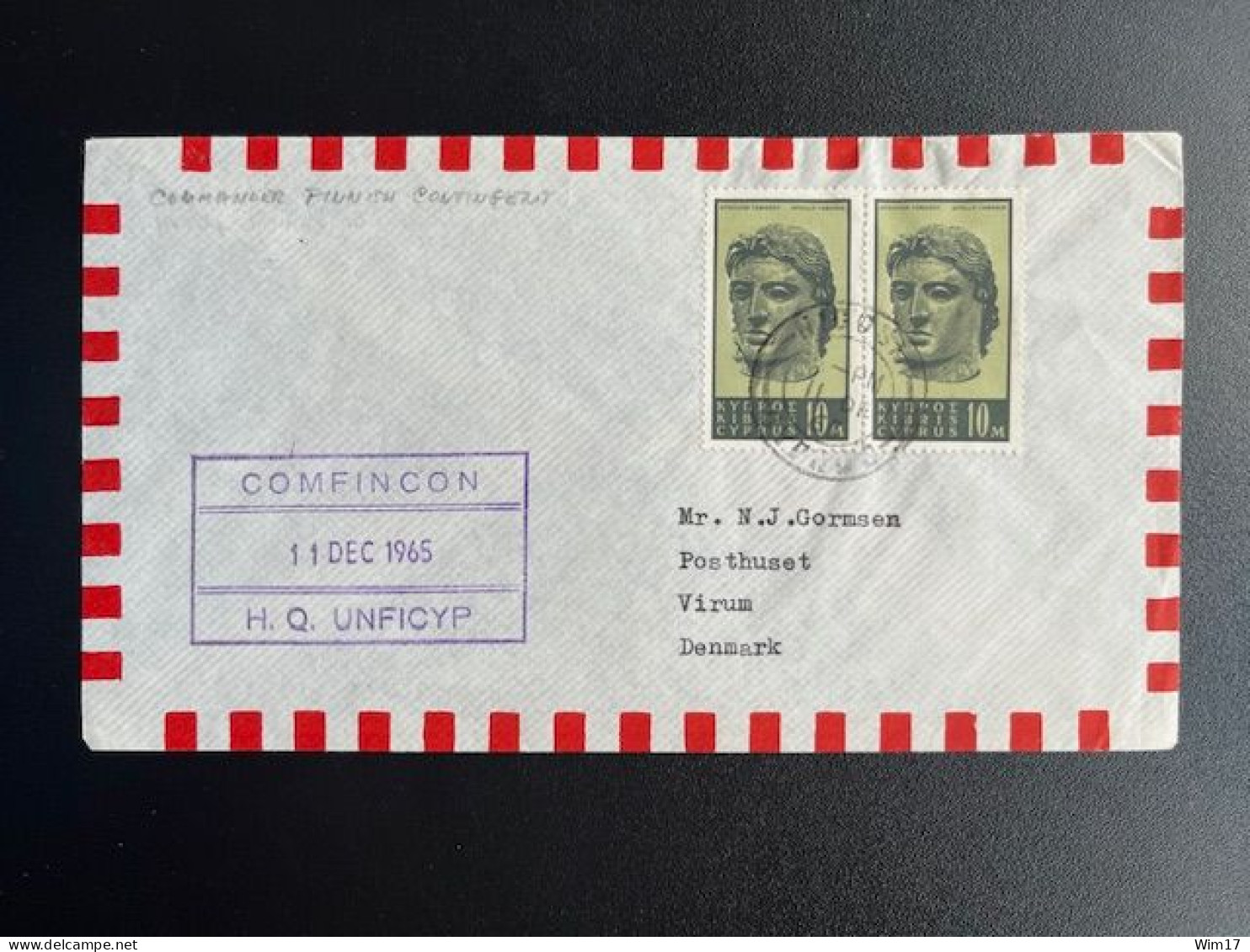 CYPRUS KIBRIS 1965 AIR MAIL LETTER NICOSIA TO VIRUM 11-12-1965 COMFINCON UNFICYP - Lettres & Documents