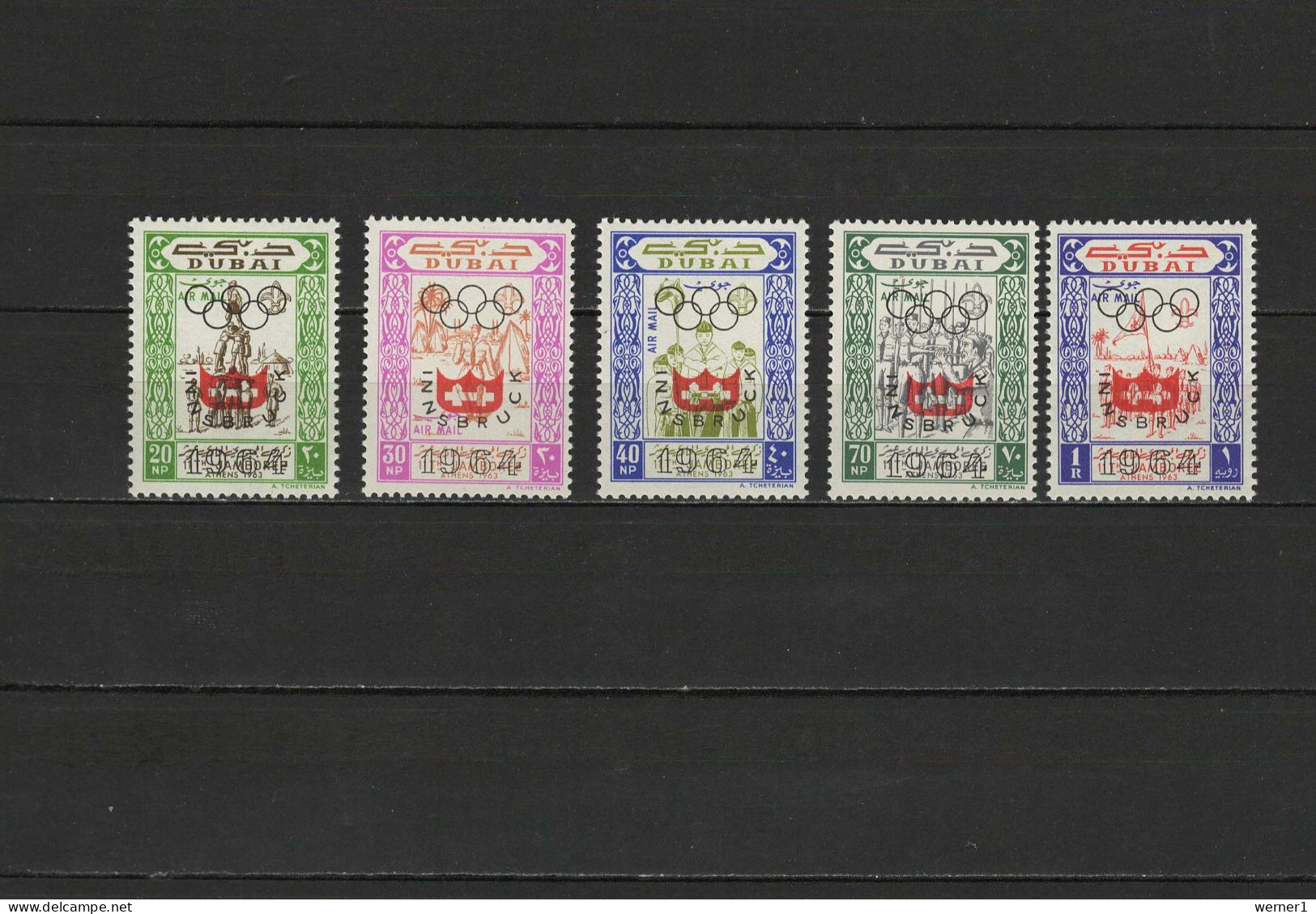 Dubai 1964 Olympic Games Innsbruck Set Of 5 With Overprint MNH - Inverno1964: Innsbruck