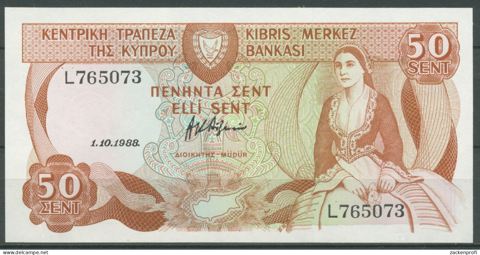 Zypern 50 Cents 1988, Frau, Staudamm, KM 52, Kassenfrisch (K90) - Cipro