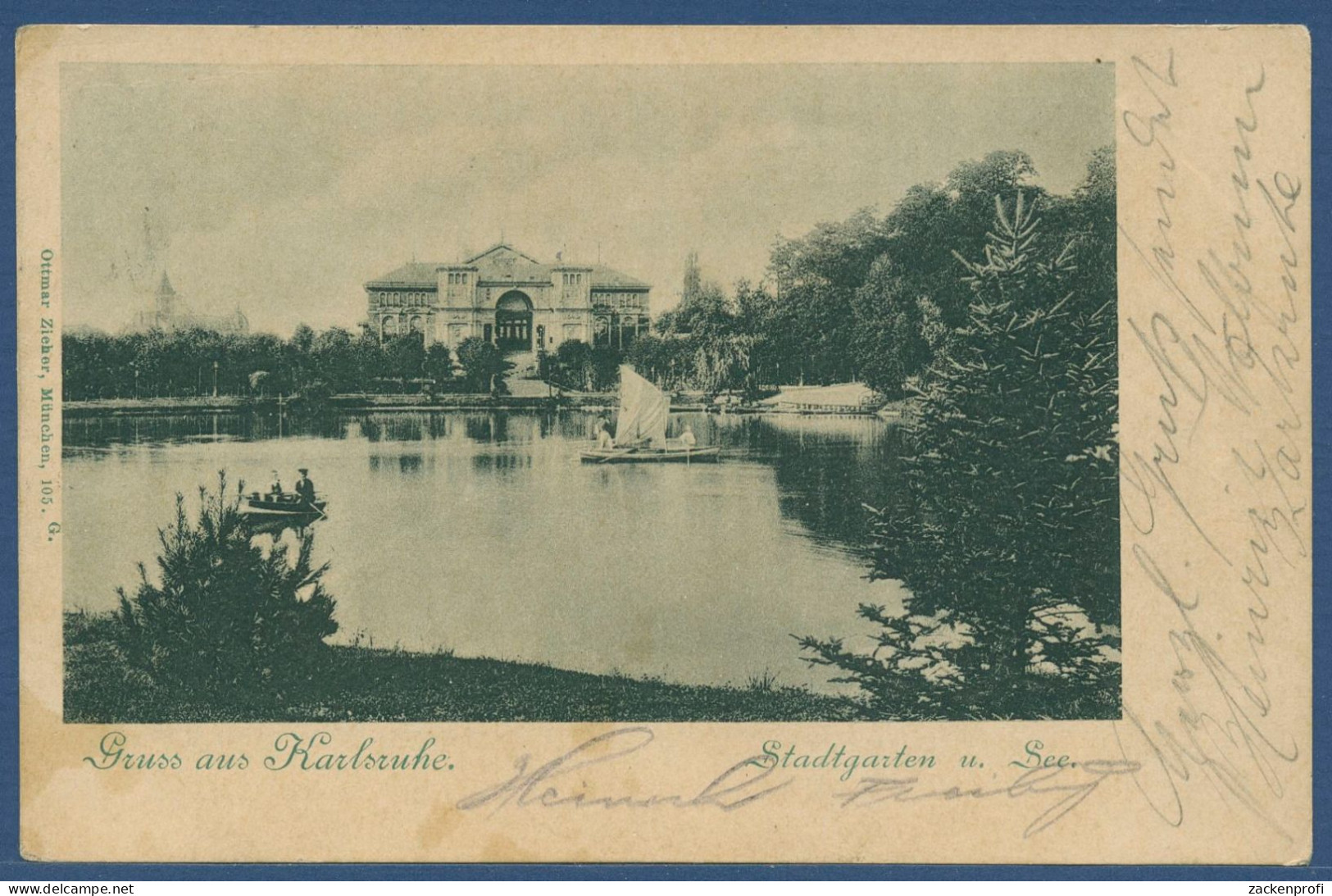 Gruss Aus Karlsruhe Stadtgarten Und See, Gelaufen 1900, Fleckig (AK4583) - Karlsruhe