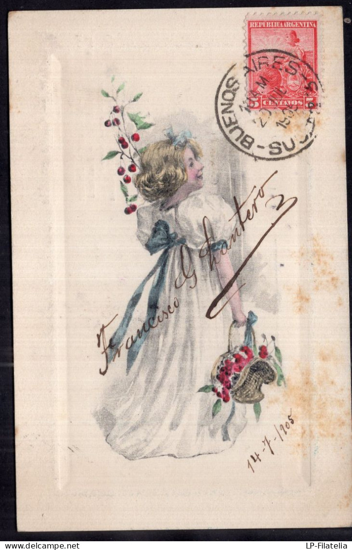 Argentina - 1905 - Children - Drawing - Little Girl With Basket Of Cherries - Children's Drawings