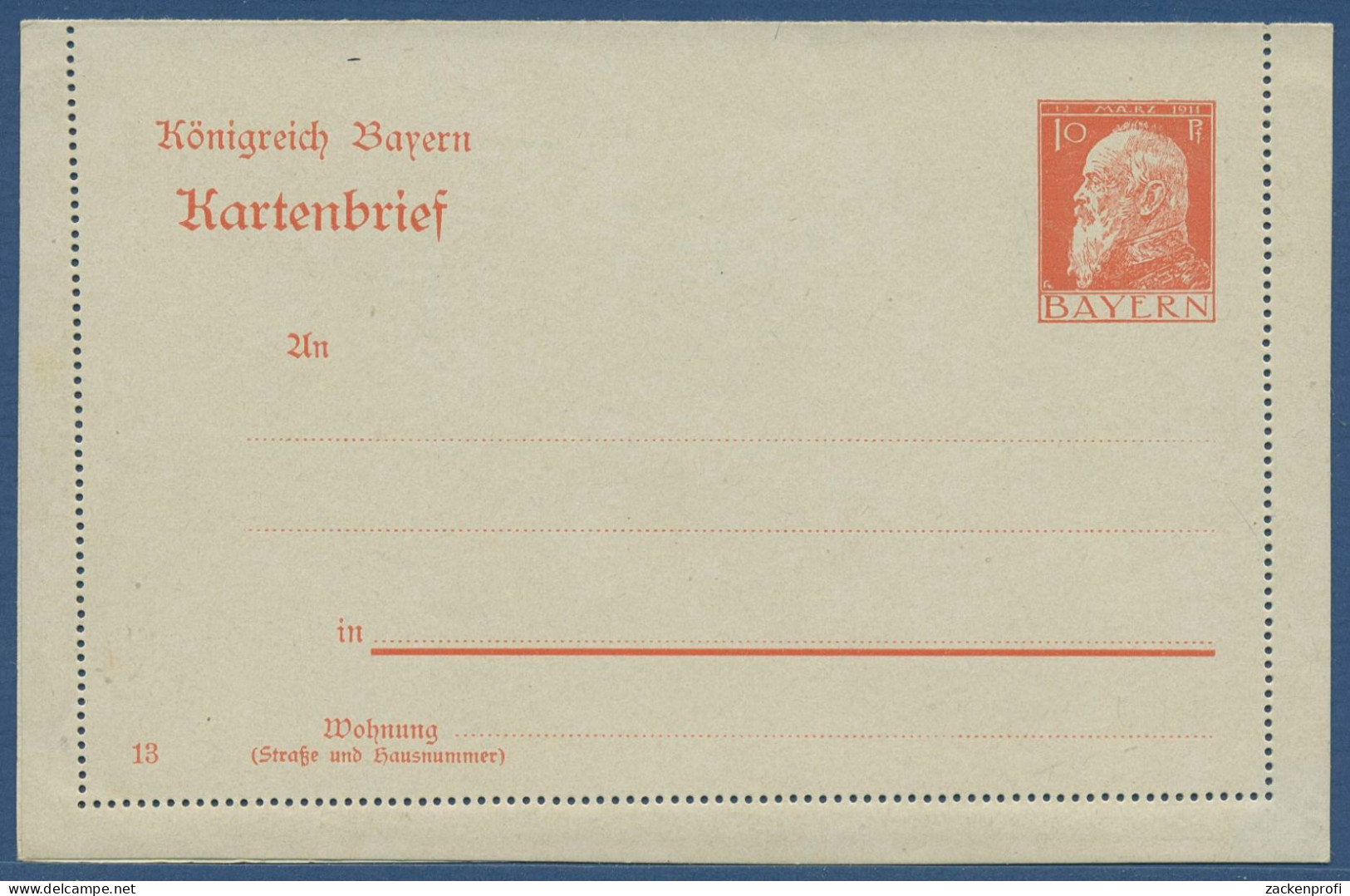 Bayern 1911 Prinzregent Luitpold Kartenbrief K 4 B/04 Ungebraucht (X40959) - Entiers Postaux