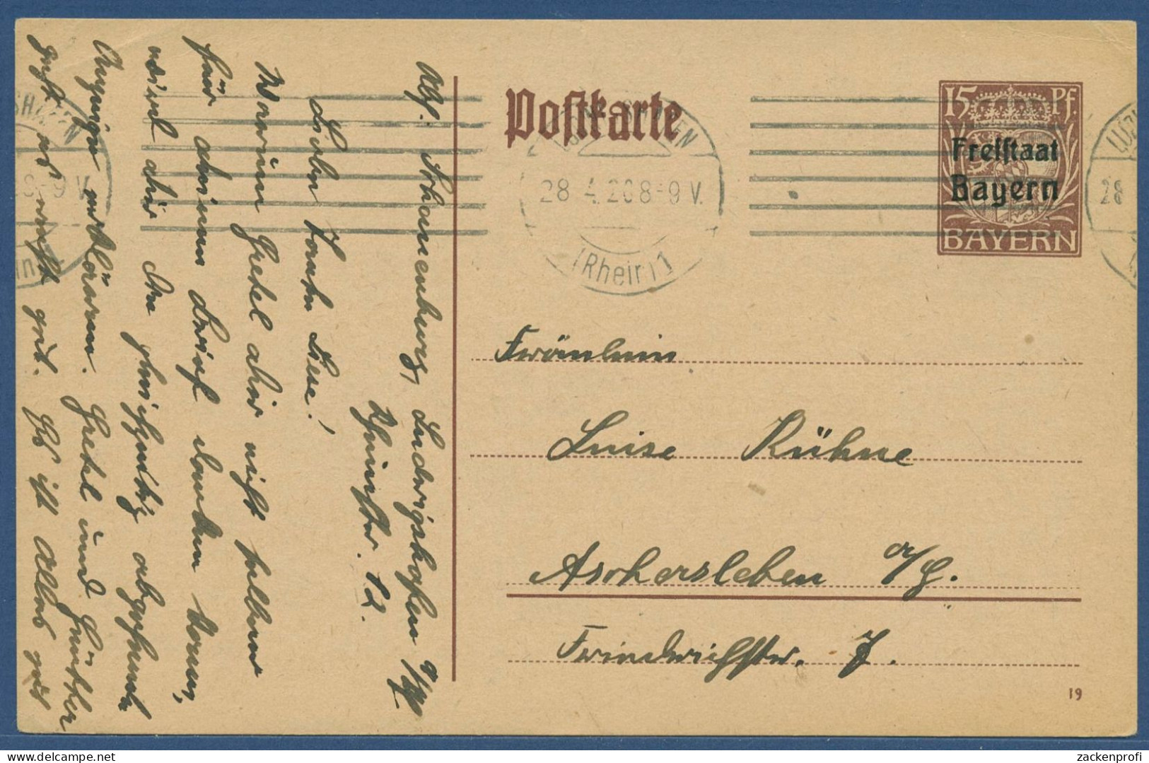 Bayern 1919 Freistaat, Wappen Postkarte P 114 I/01 Gebraucht (X40967) - Ganzsachen