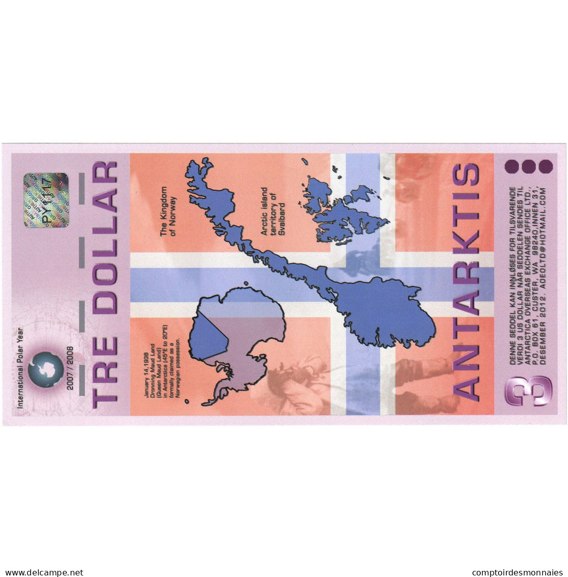 Billet, Antartique, 3 Dollars, 2007, 2007-12-14, NEUF - Autres - Amérique
