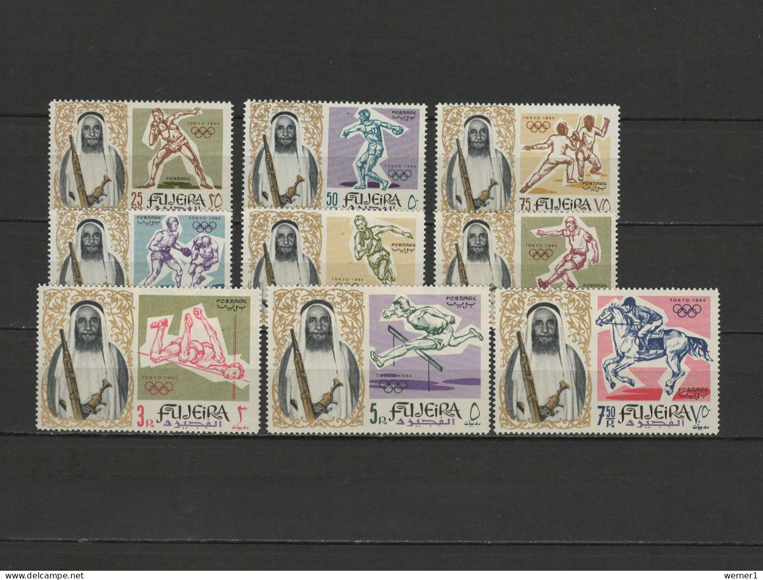 Fujeira 1964 Olympic Games Tokyo, Fencing, Football Soccer, Boxing, Athletics, Equestrian Set Of 9 MNH - Ete 1964: Tokyo