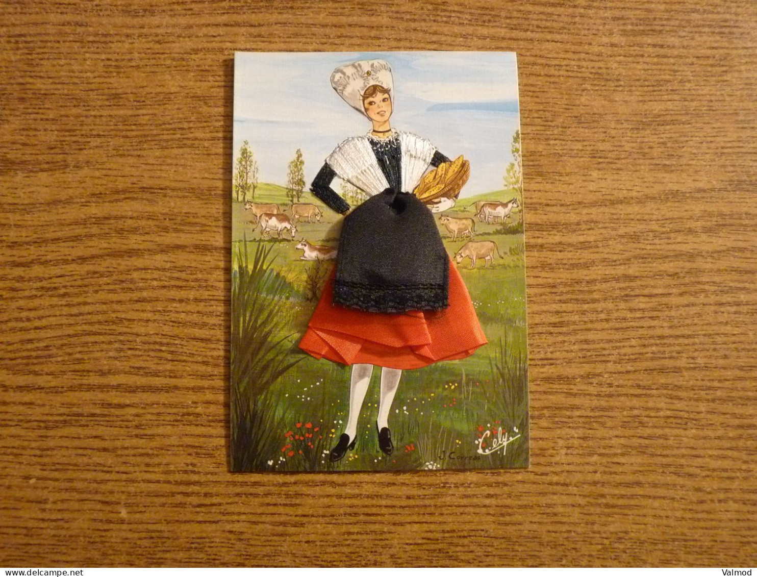 Carte Brodée "Charentaise" - Illustrateur J. Correas - Jeune Femme Costume Brodé/Tissu- 10,5x15cm Env. - Brodées