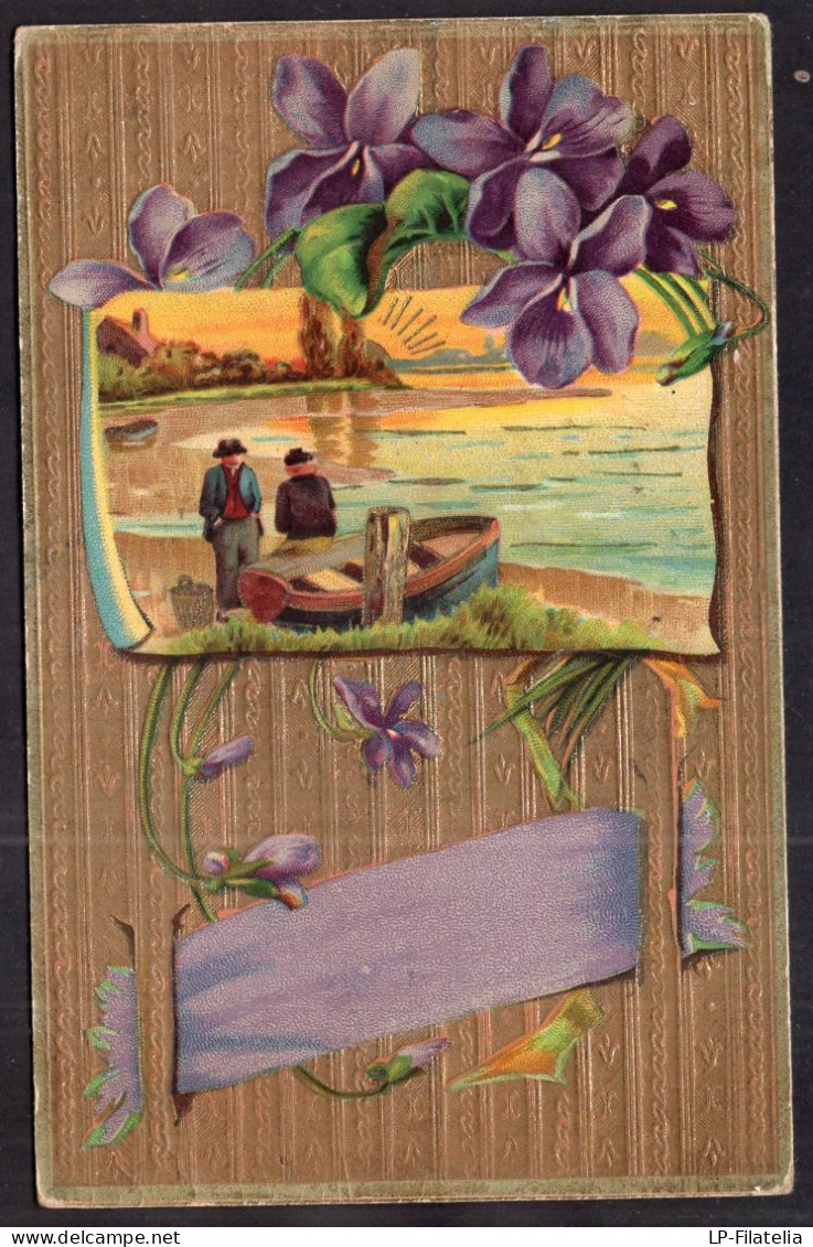 Argentina - 1908 - Flowers - Violet Flowers - Drawing Of Sunset - Blumen