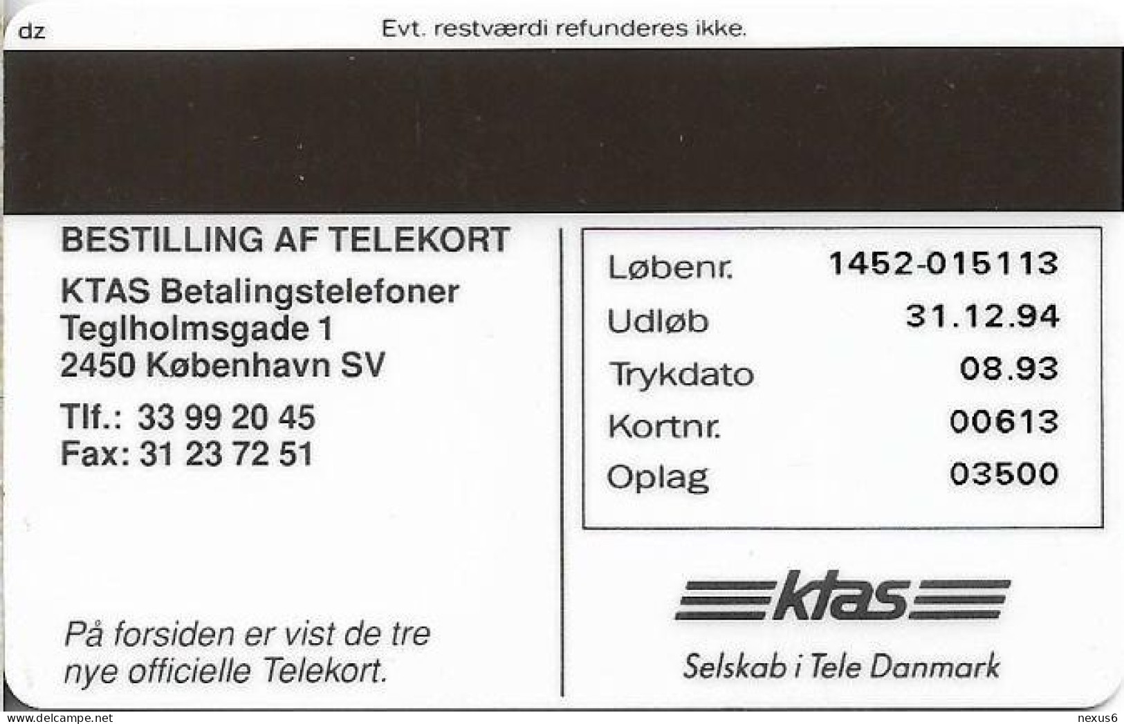 Denmark - KTAS - New Definitive Phonecards - TDKP033 - 08.1993, 10kr, 3.500ex, Used - Dänemark