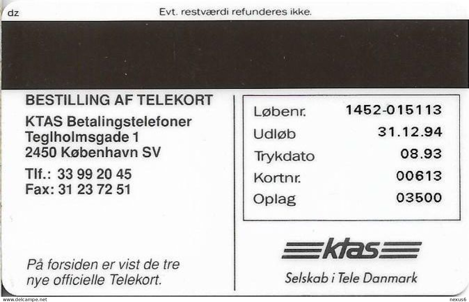 Denmark - KTAS - New Definitive Phonecards - TDKP033 - 08.1993, 10kr, 3.500ex, Used - Danemark